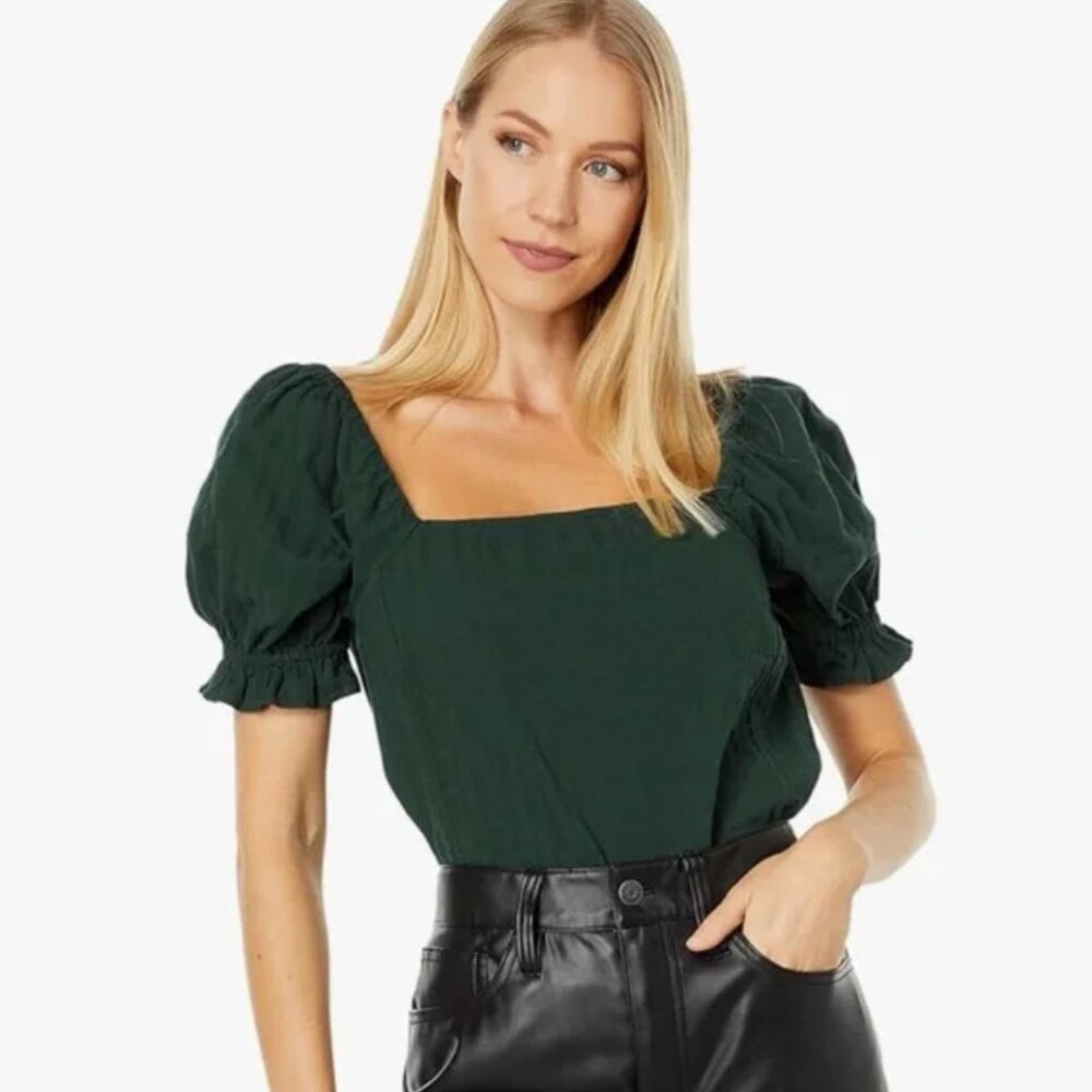 Madewell Green Puff Sleeve Square Neck Top • Size S